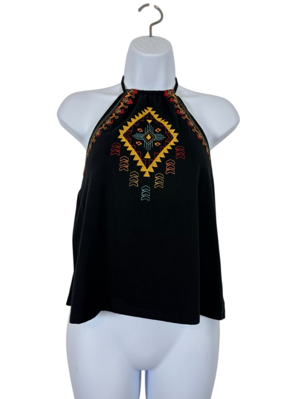 Rock & Roll Denim Embroidered Halter Top Boho Tribal Black Size S